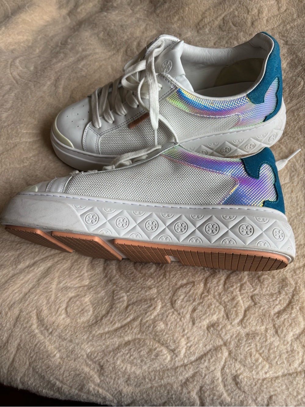 Tory Burch White Sneakers with Iridescent Accents and Teal Heel